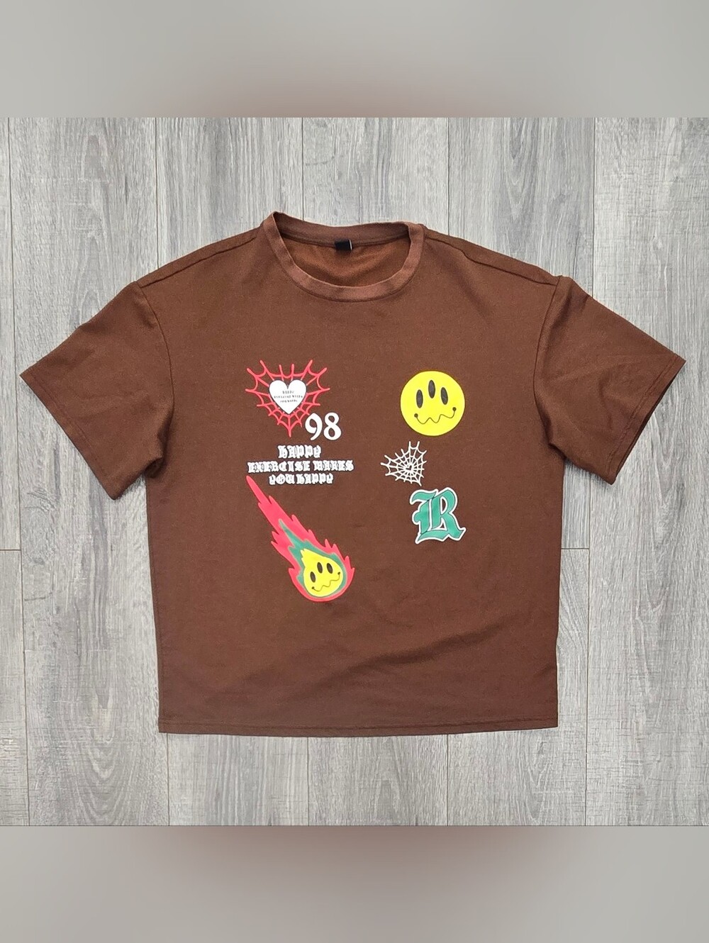 Kids Brown Graphic Short-Sleeve Tee with Smiley & Flame Motifs